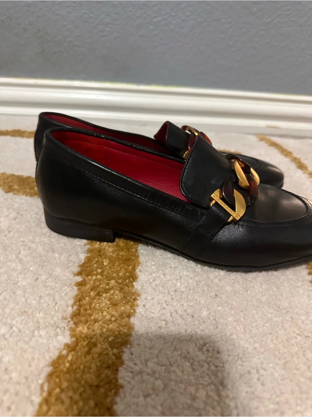 Kurt Geiger Black Leather Loafers with Gold Chain size 37 women’s